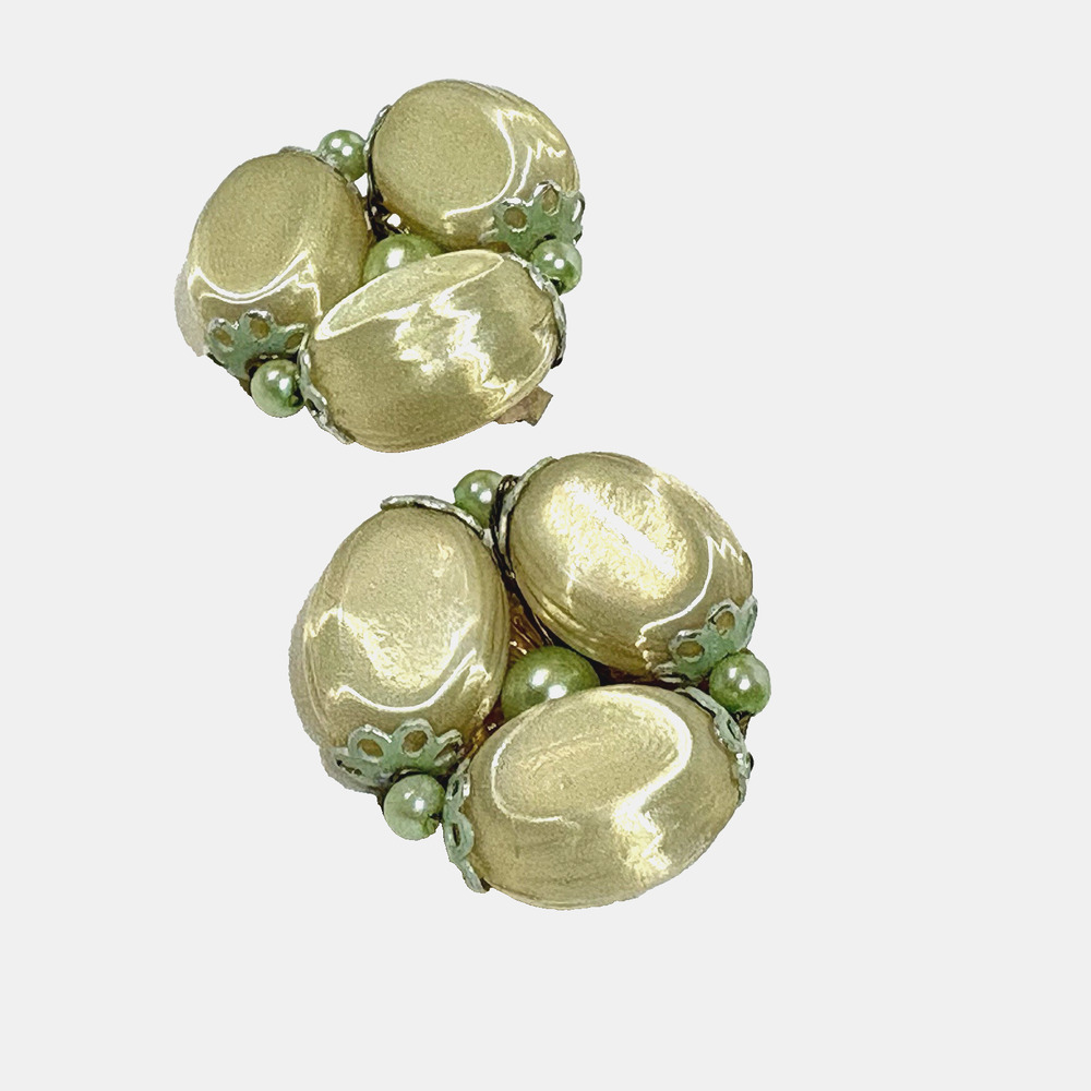 Light Yellow Green Earrings Satin Finish Orbit Vintage Retro Clip-On Japan